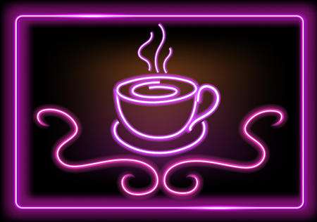 Neon signboard with glowing coffee or tea cup for advertising cafe, coffee house or teahouseのイラスト素材