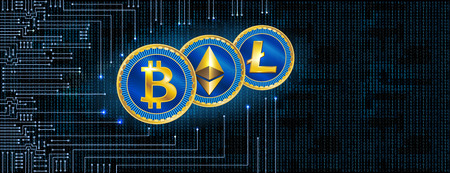 Virtual symbols of the bitcoin, litecoin, and ethereum on electronic circuit background crypto currency.のイラスト素材