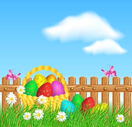 Easter eggs with decorative golden ornament on green grass and basket against wooden fenceのイラスト素材
