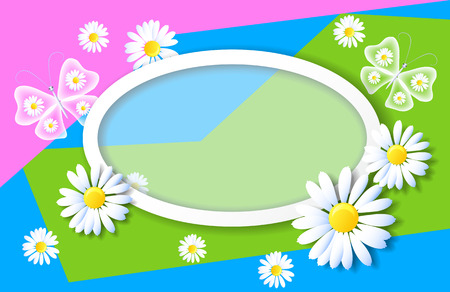 Spring background with sliced paper and decorative frame with daisies and butterfliesのイラスト素材