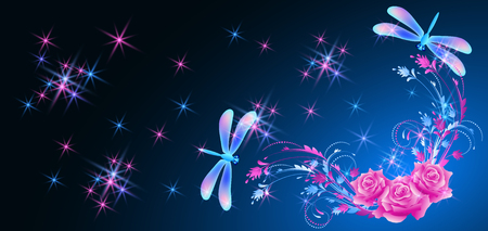 Neon dragonfly and corner ornament of roses with shiny smoke and glowing starsのイラスト素材