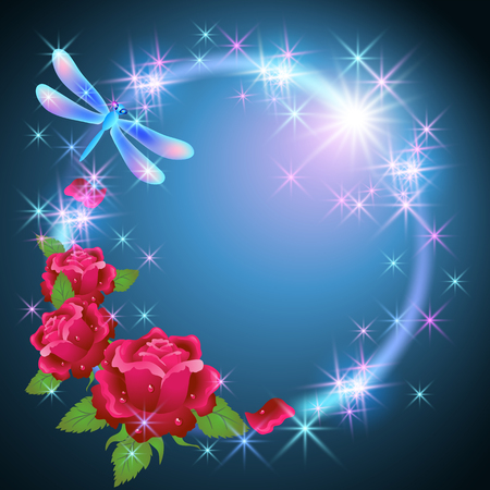 Neon round frame with dragonfly and golden ornament, pink roses with shiny smoke and glowing starsのイラスト素材