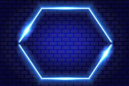 Neon hexagon frame on brick wall for decoration signboard of a casino, shop, club or barのイラスト素材