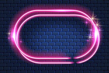 Neon frame with rounded corners and sparkle stars on brick wall for decoration signboard of a casino, shop, club or barのイラスト素材