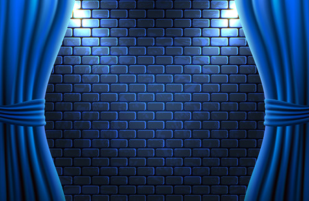Scene with open curtains against decorative brick vintage wall with light from floodlights for sign or posterのイラスト素材