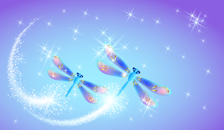 Flying two dragonflies with sparkle and blazing trail and glowing starsのイラスト素材