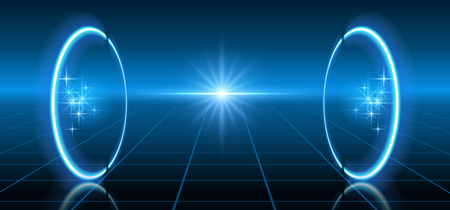 Abstract fantastic background with neon geometric circular line, star and space portal into another dimensionのイラスト素材