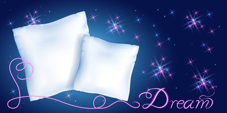 White feather pillows for sleeping against the starry night sky and neon inscription "Dream"のイラスト素材