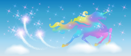 Galloping unicorn in the clouds sky with luxurious winding mane against the background of the iridescent universe with sparkling stars and fireworkのイラスト素材