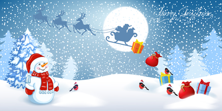 Christmas card with funny Snowman in Santa cap with gift boxes against winter forest background and Santa Claus in sleigh with reindeer team flying in the sky. New Year design postcard.のイラスト素材