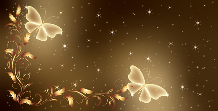 Stellar space background with magical butterflies and luxurious golden ornamentのイラスト素材
