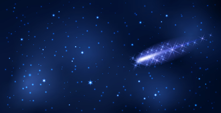 Glowing meteorite or asteroid flies against starry night sky. Comet flying in spaceのイラスト素材
