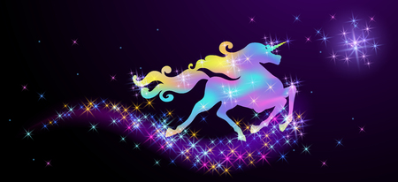 Starlit sky and galloping iridescent unicorn with luxurious winding mane against the background of the fantasy universe with sparkling starsのイラスト素材