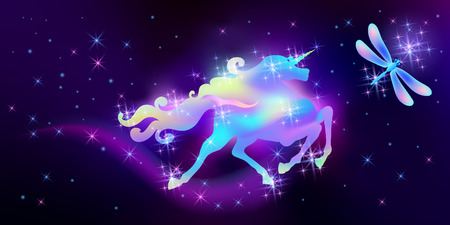 Flying dragonfly and galloping iridescent unicorn with luxurious winding mane against the background of the fantasy universe with sparkling starsのイラスト素材