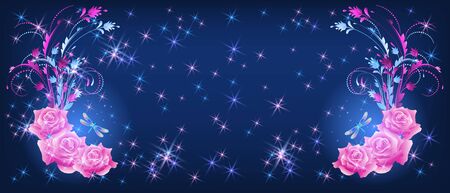 Flying fantasy dragonfly with pink roses, ornament and sparkle starsのイラスト素材