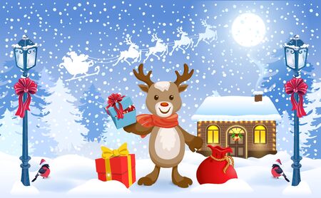 Christmas card with funny fawn deer holding gift box and Santa's workshop against winter forest background and Santa Claus in sleigh with reindeer team flying in the skyのイラスト素材