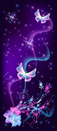 Flying fantasy fabulous butterflies with mystical flowers ornament and sparkle glowing starsのイラスト素材