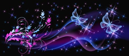 Flying fantasy fabulous butterflies with mystical flowers ornament and sparkle glowing starsのイラスト素材