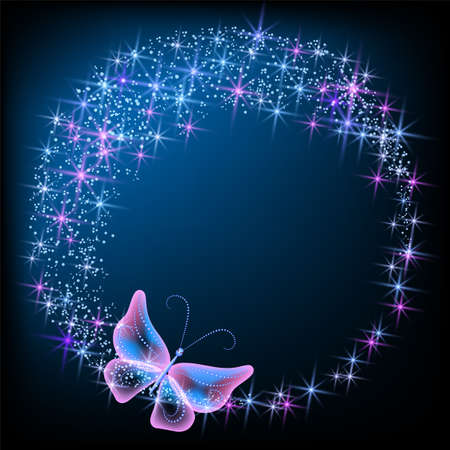 Glowing round frame with magic butterfly. Fantasy salute and shining firework with sparkle dust stars.のイラスト素材