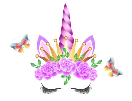 Fabulous cute unicorn with golden crown, purple horn and pink roses flowers wreath isolated on white background. Fairy unicorn princess in crown and flying butterflies.のイラスト素材