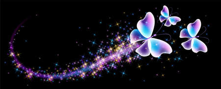 Magic butterflies with fantasy sparkle and blazing trail and glowing stars on black backgroundのイラスト素材