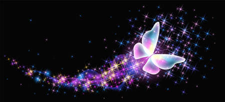 Flying delightful butterfly with sparkle and blazing trail flying in night sky among shiny glowing stars in cosmic space. Animal protection day concept.のイラスト素材
