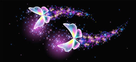 Flying delightful magic butterflies with sparkle and blazing trail flying in night sky among shiny glowing stars in cosmic space. Animal protection day concept.のイラスト素材