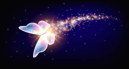 Flying delightful butterfly with sparkle and blazing trail flying in night sky among shiny glowing stars in cosmic space. Animal protection day concept.のイラスト素材