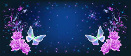 Flying delightful magical butterflies with pink roses on night skyのイラスト素材
