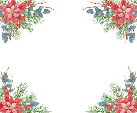 Christmas frame with decorative ornament with poinsettia, greenery, spruce, pine tree twig and holly berries isolated on white background. New Year greeting card design.の写真素材