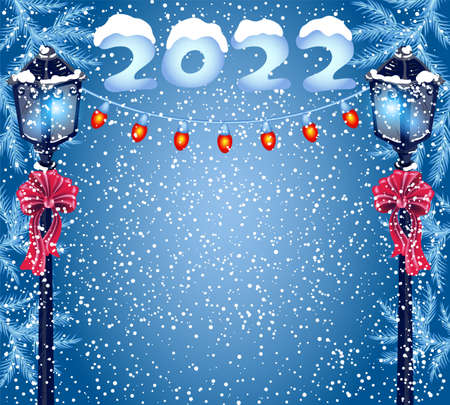 Christmas card with street lamp lantern with lightbulbs garland against winter snowy background and fir trees. New Year design postcard in retro style.のイラスト素材
