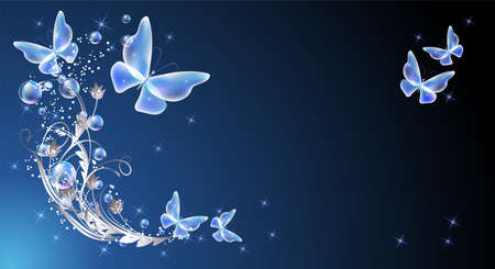 Glowing fairytale night background with magical blue butterflies and bubbles, flowers ornate and shiny stars. Fantasy sparkle composition consists of transparent iridescent balls, floral ornament and copy space.のイラスト素材