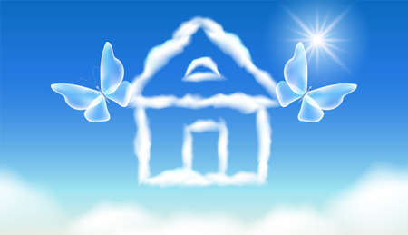 House in clouds in blue sky with shiny sun and butterflies. Eco home dream concept and clean air.のイラスト素材