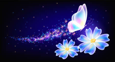 Flying transparent delightful butterfly and flowers with sparkle and blazing trail flying in night sky among shiny glowing stars in cosmic space. Animal protection day concept.のイラスト素材