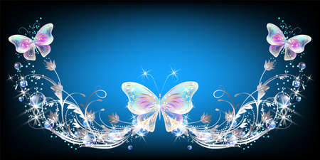 Glowing fairytale background with magical blue butterflies and bubbles, flowers ornate and shiny stars. Fantasy sparkle frame consists of transparent iridescent balls, floral ornament and copy space.のイラスト素材