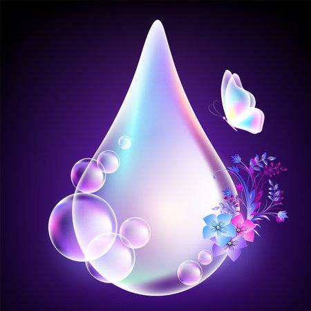 Glowing water drop with butterfly, flower and sparkling shiny stars on dark blue background. Concept world water day.のイラスト素材