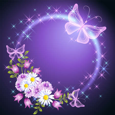 Glowing round frame with meadow field flowers, flying butterfly and sparkle shiny starsのイラスト素材