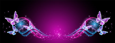 Fantasy banner with flying dreamlike butterflies, fantastic transparent curving waves and magical glowing stars on black purple backgroundのイラスト素材