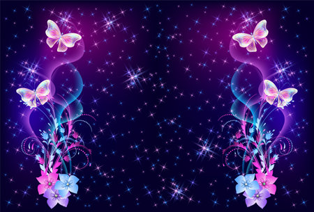 Flying fantasy fabulous butterflies with mystical flowers ornament and sparkle glowing starsのイラスト素材
