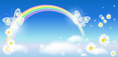 Rainbow and transparent delightful butterflies and flowers flying in cloudy sky among daisy flowers and clouds in blue sky. Environment day concept.のイラスト素材