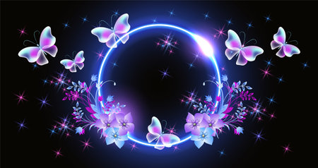 Glowing fairytale neon round frame with magical transparent butterflies and flowers. Abstract fantasy blue background.のイラスト素材
