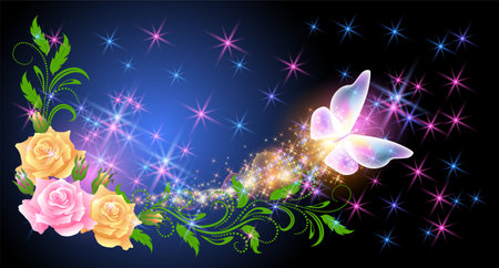 Flying transparent delightful butterfly with sparkle and blazing trail flying out of rose flowers among shiny glowing stars in cosmic space. Animal protection day concept.のイラスト素材