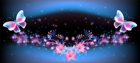 Glowing fairytale frame with magical transparent butterflies and flowers against the background of the starry night sky. Abstract fantasy background.のイラスト素材