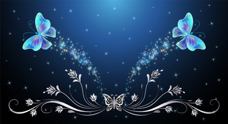 Fairytale night sky with magical blue transparent butterflies and floral ornament and stars. Fantasy sparkle background.のイラスト素材