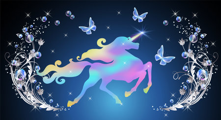 Glowing fairytale background with fabulous unicorn, magical butterflies and fantasy bubbles, flowers ornate and shiny stars.のイラスト素材