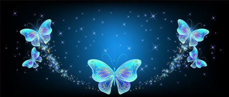 Flying two butterflies with sparkle and blazing trail and glowing starsのイラスト素材