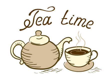 Hand drawn tea cup, kettle and headline in style hand drawing and handwriting. Sketched hot drink teapot in retro style.のイラスト素材