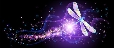 Flying delightful magical dragonfly and flowers with sparkle and blazing trail flying in night sky among shiny glowing stars in cosmic space. Love and romance concept.のイラスト素材