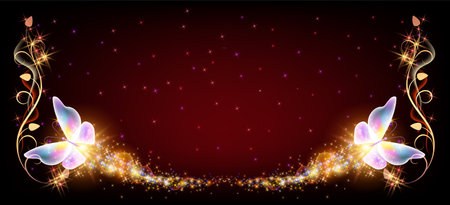 Flying transparent delightful butterflies with sparkle and blazing trail flying in night sky among shiny glowing stars in cosmic space. Animal protection day concept.のイラスト素材