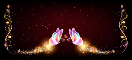 Flying transparent delightful butterflies with sparkle and blazing trail flying in night sky among shiny glowing stars in cosmic space. Animal protection day concept.のイラスト素材